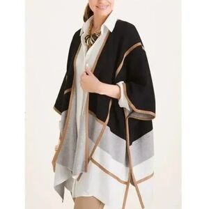 Chico's NWT Colorblock Neutral Stripe Ruana Wrap Open Cardigan Black Tan Neutral